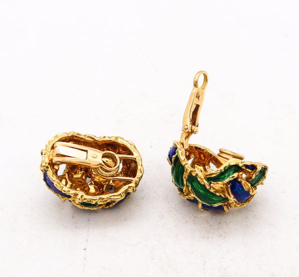 Italian Modernist 1970 Clips Earrings In Textured 18Kt Gold With Blue And Green Enamel