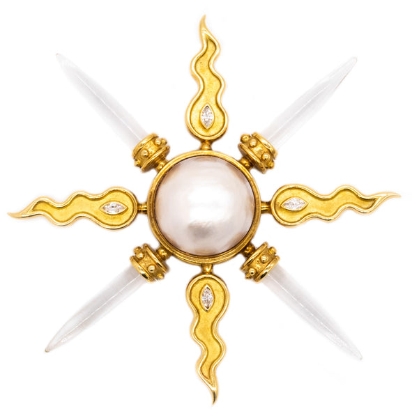 Arsham Modernist Maltese Pendant Brooch In 18Kt Gold With VS Diamonds Rock Quartz & Pearl