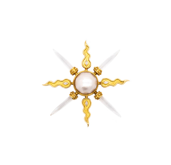 Arsham Modernist Maltese Pendant Brooch In 18Kt Gold With VS Diamonds Rock Quartz & Pearl