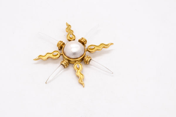 Arsham Modernist Maltese Pendant Brooch In 18Kt Gold With VS Diamonds Rock Quartz & Pearl