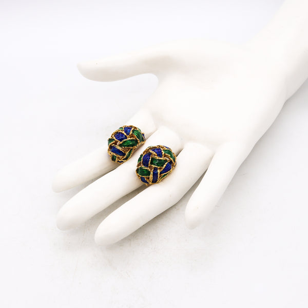 Italian Modernist 1970 Clips Earrings In Textured 18Kt Gold With Blue And Green Enamel