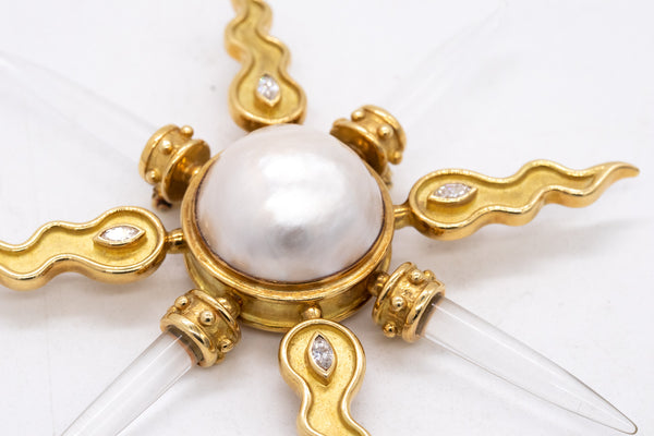 Arsham Modernist Maltese Pendant Brooch In 18Kt Gold With VS Diamonds Rock Quartz & Pearl