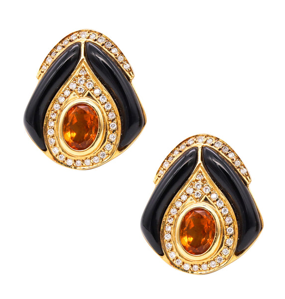 Modern Italian Designer Gem Set Earrings In 18Kt Gold With 4.56 Cts In Diamonds Citrine And Onyx