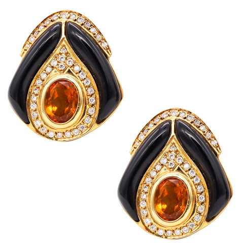 Modern Italian Designer Gem Set Earrings In 18Kt Gold With 4.56 Cts In Diamonds Citrine And Onyx