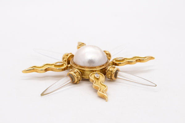 Arsham Modernist Maltese Pendant Brooch In 18Kt Gold With VS Diamonds Rock Quartz & Pearl