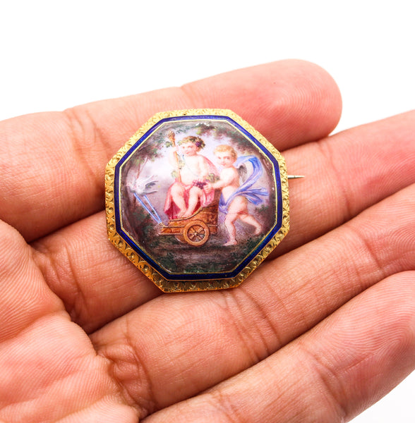 French Baroque 19th Century Enameled Brooch Of Triumph Of Bacchus With Cupid In 18Kt Gold