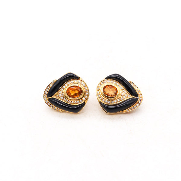 Modern Italian Designer Gem Set Earrings In 18Kt Gold With 4.56 Cts In Diamonds Citrine And Onyx