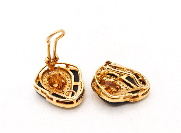 Modern Italian Designer Gem Set Earrings In 18Kt Gold With 4.56 Cts In Diamonds Citrine And Onyx