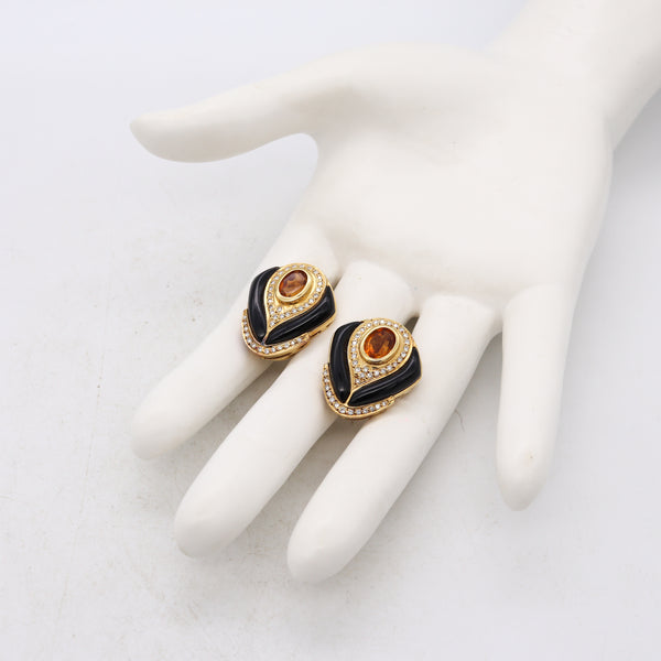 Modern Italian Designer Gem Set Earrings In 18Kt Gold With 4.56 Cts In Diamonds Citrine And Onyx