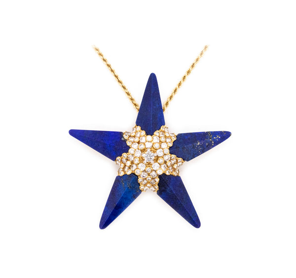 French 1950 Paris 18Kt Gold Star Pendant-Brooch With 4.62 Cts In Diamonds And Lapis Lazuli
