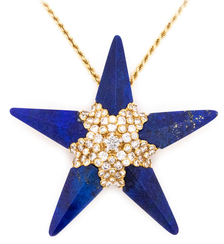 French 1950 Paris 18Kt Gold Star Pendant-Brooch With 4.62 Cts In Diamonds And Lapis Lazuli