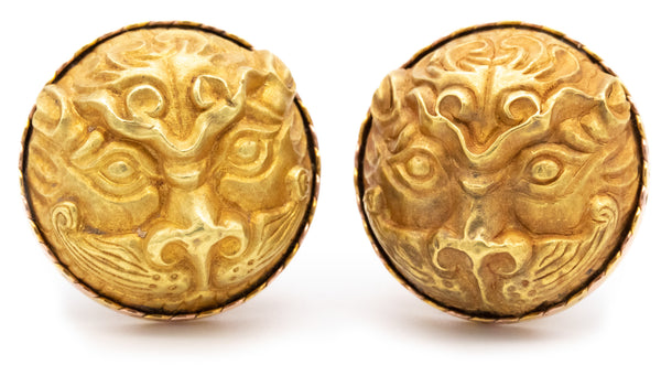 *Liu Fang Hong Kong 22 kt earrings with genuine ancient Tang Dynasty 618-906 AD Foo-Dogs in 24 kt