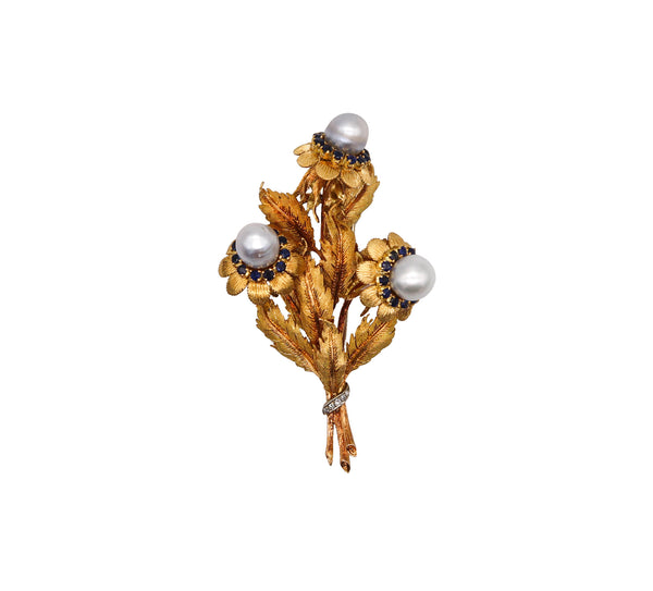 -Mario Buccellati 1960 Milan Profumo Brooch In 18Kt Yellow With Pearls And Sapphires