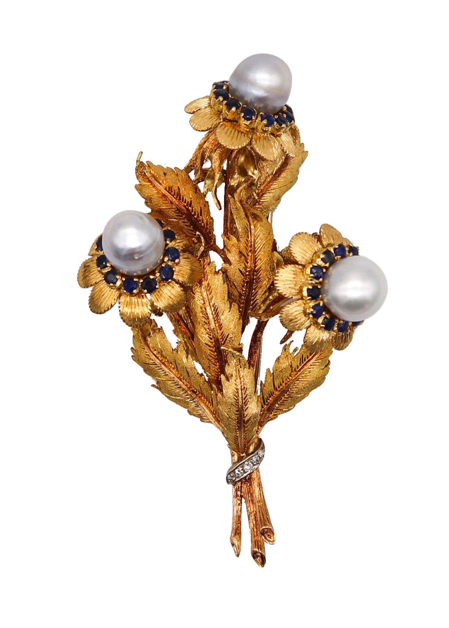 -Mario Buccellati 1960 Milan Profumo Brooch In 18Kt Yellow With Pearls And Sapphires