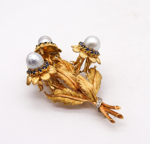 -Mario Buccellati 1960 Milan Profumo Brooch In 18Kt Yellow With Pearls And Sapphires