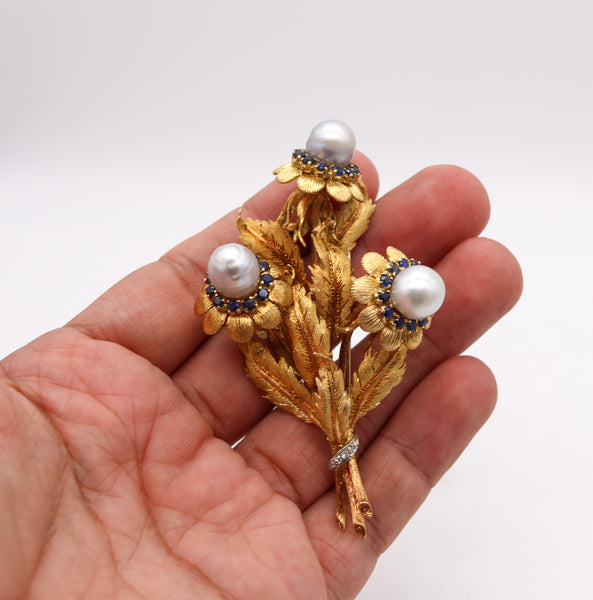 -Mario Buccellati 1960 Milan Profumo Brooch In 18Kt Yellow With Pearls And Sapphires