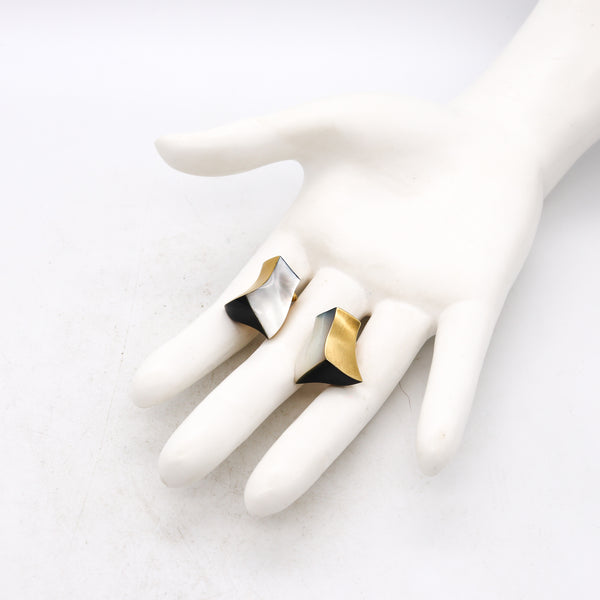 Angela Cummings 1980 New York Rare Geometric Earrings In 18Kt Yellow Gold With Black Jade & Nacre