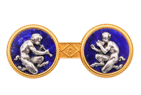Fannière Freres Paris 1880 Rare Etruscan Bacchus Brooch In 18Kt Gold With Carved Lapis Lazuli