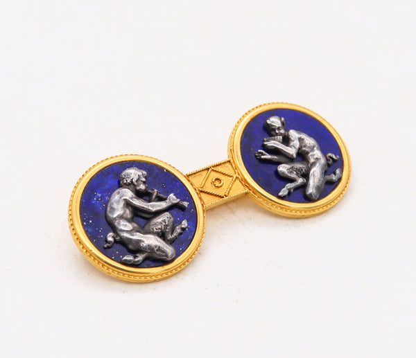 Fannière Freres Paris 1880 Rare Etruscan Bacchus Brooch In 18Kt Gold With Carved Lapis Lazuli