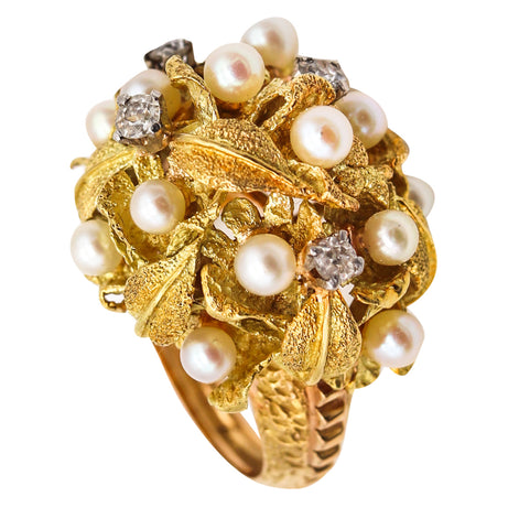 Mid Century 1950 Post War Cocktail Ring In 18Kt Gold Platinum With Pearls And Diamonds