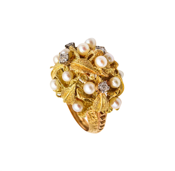 Mid Century 1950 Post War Cocktail Ring In 18Kt Gold Platinum With Pearls And Diamonds