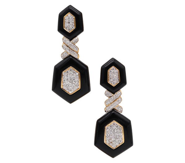 -Modernist Black Onyx Dangle Drop Earrings In 18Kt Yellow Gold With 5.04 Ctw Diamonds