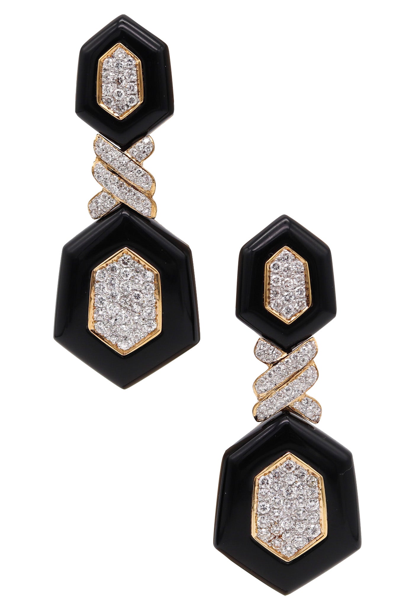 -Modernist Black Onyx Dangle Drop Earrings In 18Kt Yellow Gold With 5.04 Ctw Diamonds