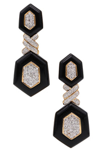 -Modernist Black Onyx Dangle Drop Earrings In 18Kt Yellow Gold With 5.04 Ctw Diamonds