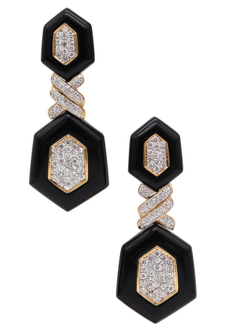 -Modernist Black Onyx Dangle Drop Earrings In 18Kt Yellow Gold With 5.04 Ctw Diamonds