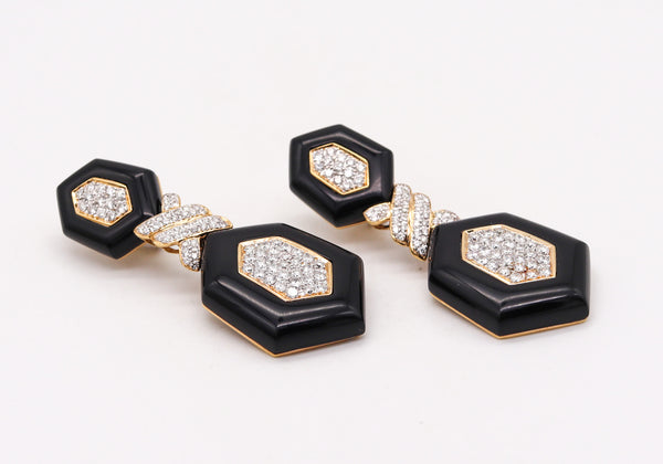 -Modernist Black Onyx Dangle Drop Earrings In 18Kt Yellow Gold With 5.04 Ctw Diamonds