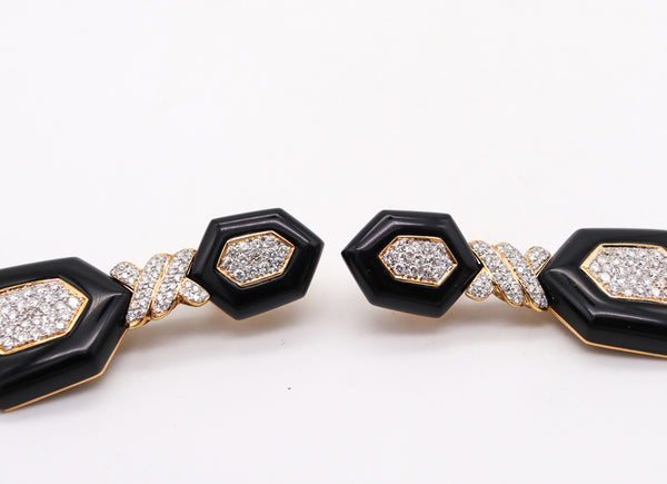 -Modernist Black Onyx Dangle Drop Earrings In 18Kt Yellow Gold With 5.04 Ctw Diamonds