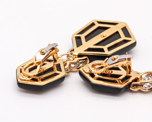 -Modernist Black Onyx Dangle Drop Earrings In 18Kt Yellow Gold With 5.04 Ctw Diamonds