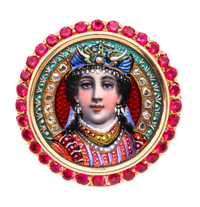Bailey Biddle & Banks 1880 Enameled Etruscan Queen Pendant Brooch In 18Kt Gold With 3.49 Cts Rubies And Diamonds