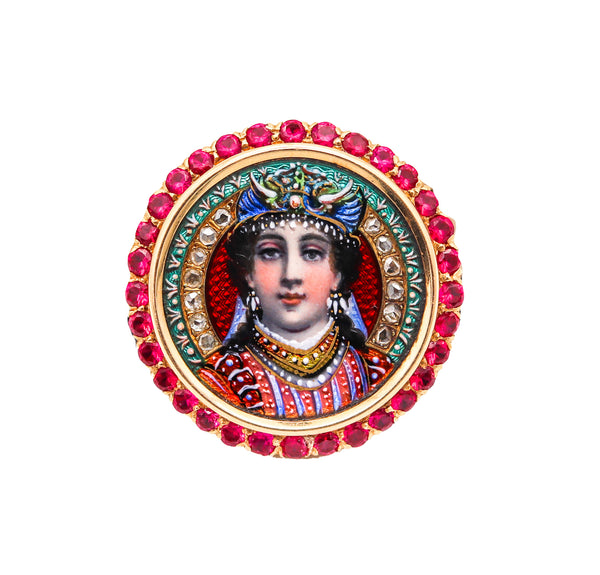 Bailey Biddle & Banks 1880 Enameled Etruscan Queen Pendant Brooch In 18Kt Gold With 3.49 Cts Rubies And Diamonds