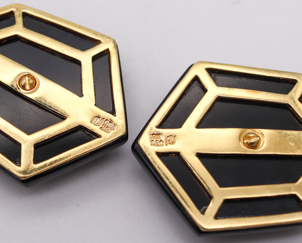 -Modernist Black Onyx Dangle Drop Earrings In 18Kt Yellow Gold With 5.04 Ctw Diamonds