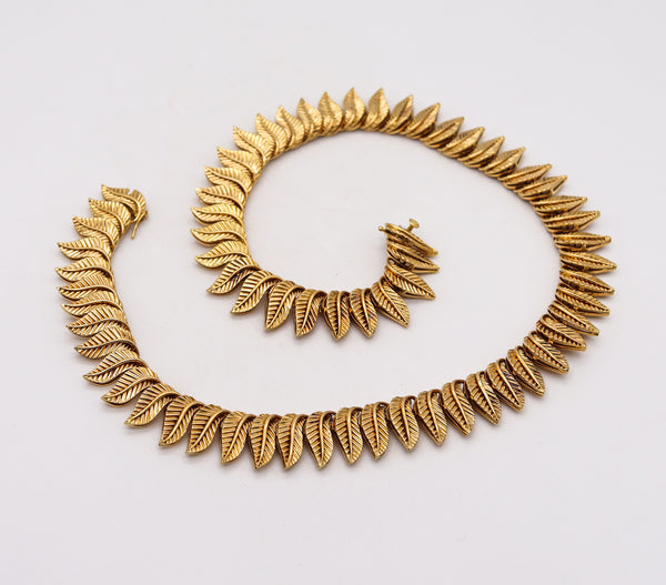 Henri Poincot 1960 Mid Century Leafs Choker Necklace In Solid 18Kt Yellow Gold