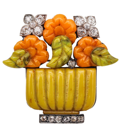 French-Austrian 1920 Art Deco Jardiniere Pendant Brooch With Carved Agates & Diamonds