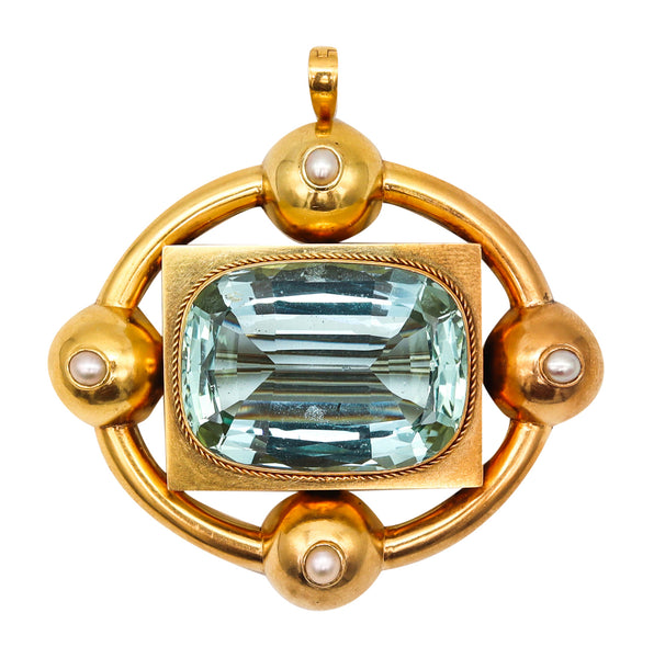 Victorian 1880 Convertible Pendant Brooch In 18Kt Gold With 58.56 Cts Blue Aquamarine