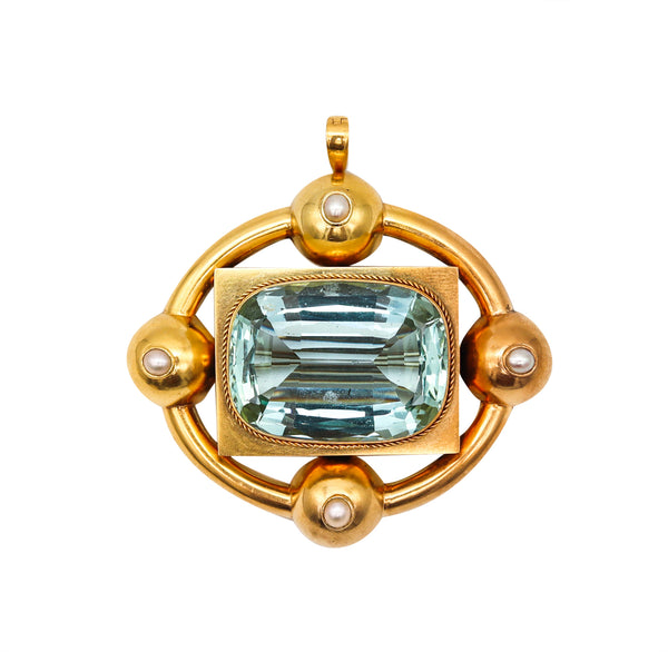 Victorian 1880 Convertible Pendant Brooch In 18Kt Gold With 58.56 Cts Blue Aquamarine
