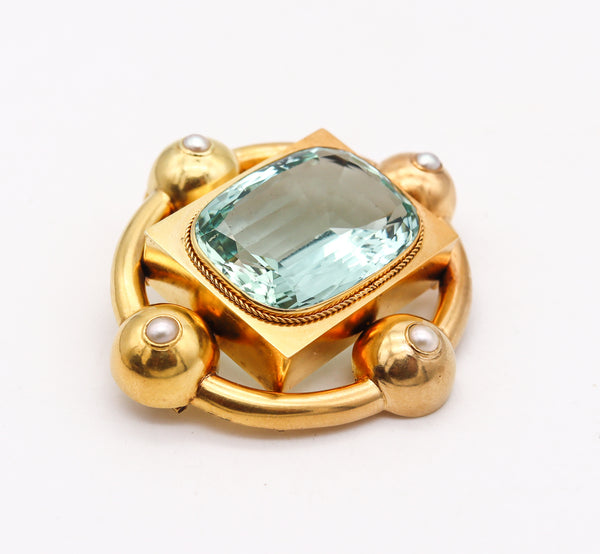 Victorian 1880 Convertible Pendant Brooch In 18Kt Gold With 58.56 Cts Blue Aquamarine