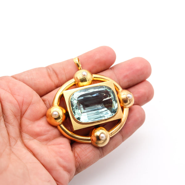Victorian 1880 Convertible Pendant Brooch In 18Kt Gold With 58.56 Cts Blue Aquamarine