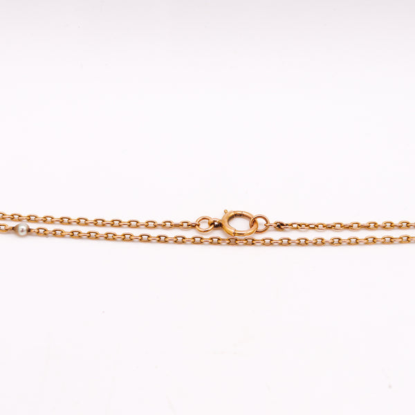 *French 1920 Art Deco station Long sautoir in 18 kt yellow gold with 12 Natural white pearls