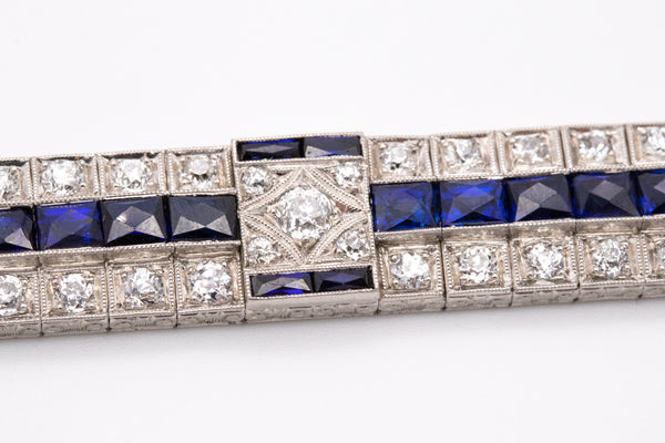 ART DECO 1930 PLATINUM BRACELET WITH 12.95 Ctw OF DIAMONDS, SAPPHIRES AND BLUE SPINEL
