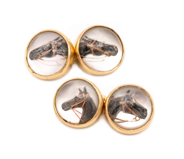 *Edwardian 1910 British London Essex glass equestrian cufflinks in 9 kt  yellow gold with painted horses