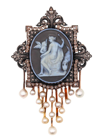 French 1850 Neo Classic Agate Pendant Brooch In 18Kt Gold With Diamonds And Natural Pearls