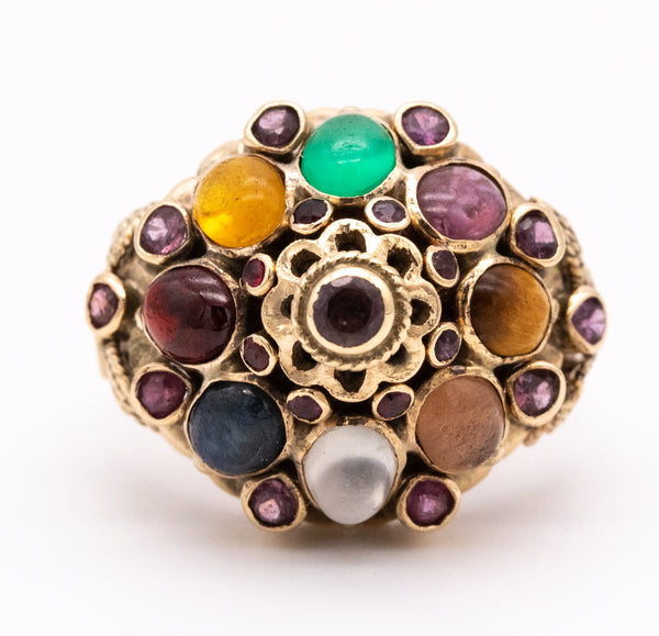 MOGUL STYLE 1950 MID CENTURY 14 KT GOLD RING WITH 3.4 Cts OF GEMSTONES