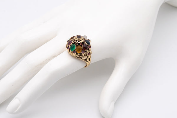 MOGUL STYLE 1950 MID CENTURY 14 KT GOLD RING WITH 3.4 Cts OF GEMSTONES