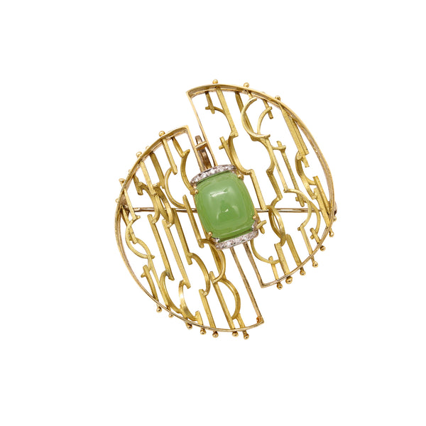 Italian 1970 Studio Kinetic Pendant Brooch In 18 Kt Gold With 9.74 Cts Diamonds And Jade