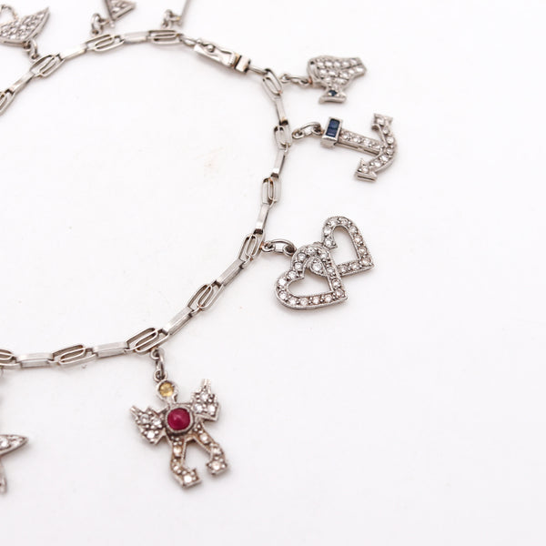Art Deco 1930 Eleven Charms Bracelet In Platinum Enamel With 3.48 Ctw In Diamonds And Gems