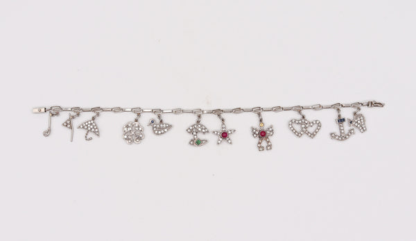Art Deco 1930 Eleven Charms Bracelet In Platinum Enamel With 3.48 Ctw In Diamonds And Gems
